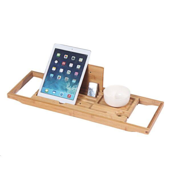 Wood Luxury Bathtub Caddy Tray Natural Bamboo Color Wine Glass Holder Tray for One or Two Person Bath and Bed Tray (China)