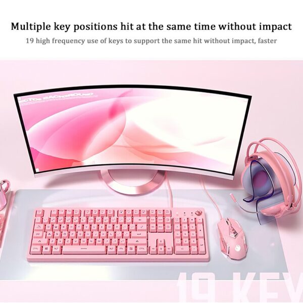 Mouse Keyboard Kit Mechanical Gaming Keyboard Wired Mouse Headphone with Microphone Breathing Light for PC Computer Laptop Pink