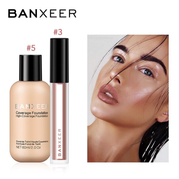BANXEER Foundation+Lipgloss 2pcs Makeup Set Lip Tint High Pigment Full Cover Foundation Makeup Kit For Daily Makeup