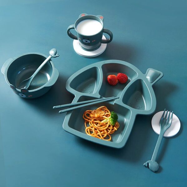 JMSC Baby Dinosaur Tableware Set 6Pcs Kids Dinner Bamboo Training Bowl Cup Spoon Plate Fork Drop-Resistant Feeding Dishes Gadget