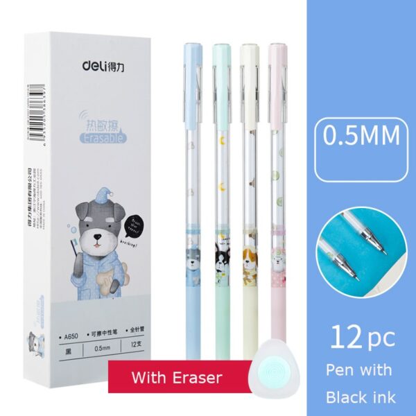 12pcs Deli Erasable Gel Pen Cartoons Sign Pens 0.5MM Black Blue Ink with Eraser Creative Writing Tools for Student School Office