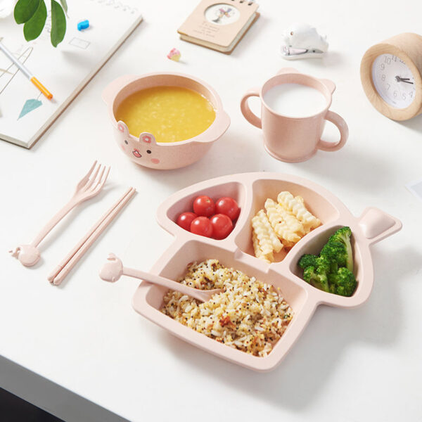 JMSC Baby Dinosaur Tableware Set 6Pcs Kids Dinner Bamboo Training Bowl Cup Spoon Plate Fork Drop-Resistant Feeding Dishes Gadget