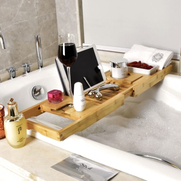Extendable Bathroom Shelf Bathtub Tray Shower Caddy Bamboo Bath Tub Rack Towel Wine Book Holder Storage Organization Accessories