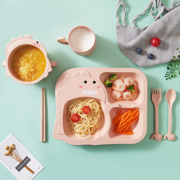 JMSC Baby Dinosaur Tableware Set 6Pcs Kids Dinner Bamboo Training Bowl Cup Spoon Plate Fork Drop-Resistant Feeding Dishes Gadget