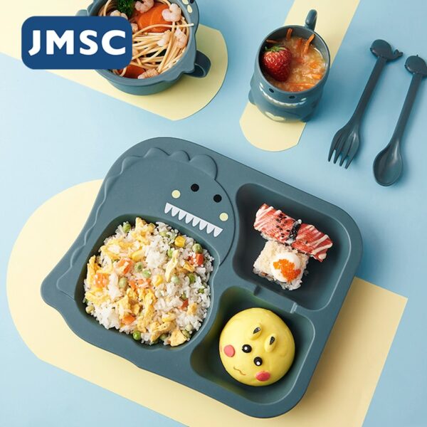 JMSC Baby Dinosaur Tableware Set 6Pcs Kids Dinner Bamboo Training Bowl Cup Spoon Plate Fork Drop-Resistant Feeding Dishes Gadget
