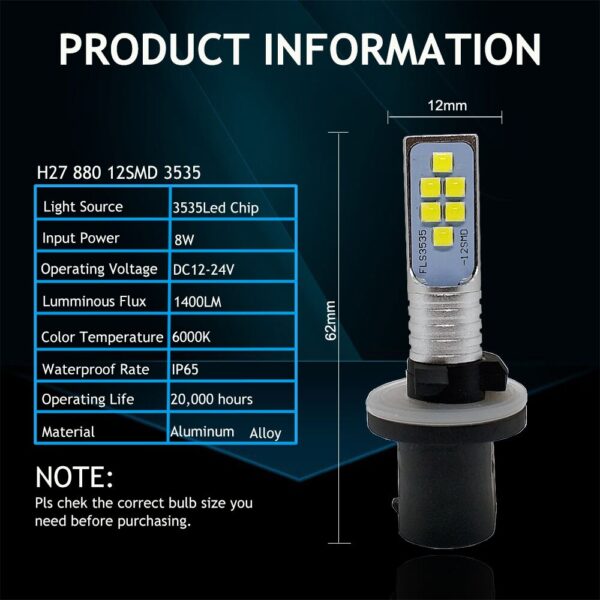 2PCS H27 Led 880 881 Led Bulb H27W H27W/1 H27W/2 1400LM 6000K White Car Fog Light Driving Day Running Lamp Auto 12V