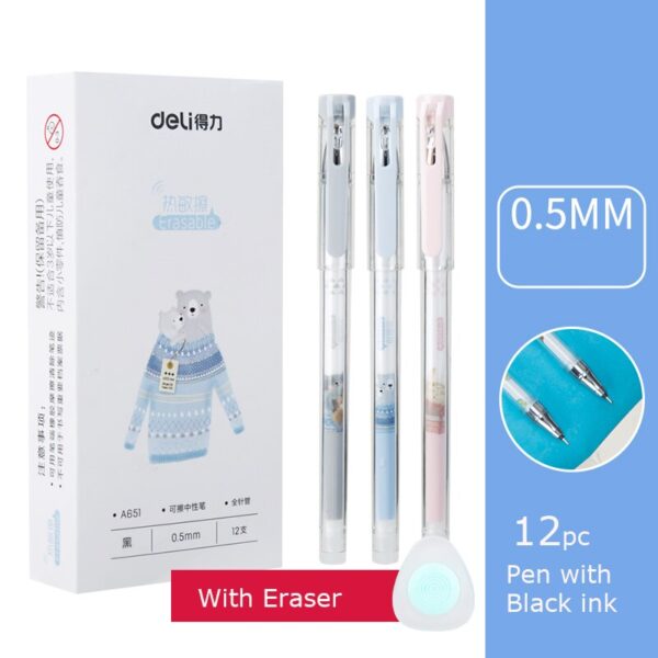 12pcs Deli Erasable Gel Pen Cartoons Sign Pens 0.5MM Black Blue Ink with Eraser Creative Writing Tools for Student School Office