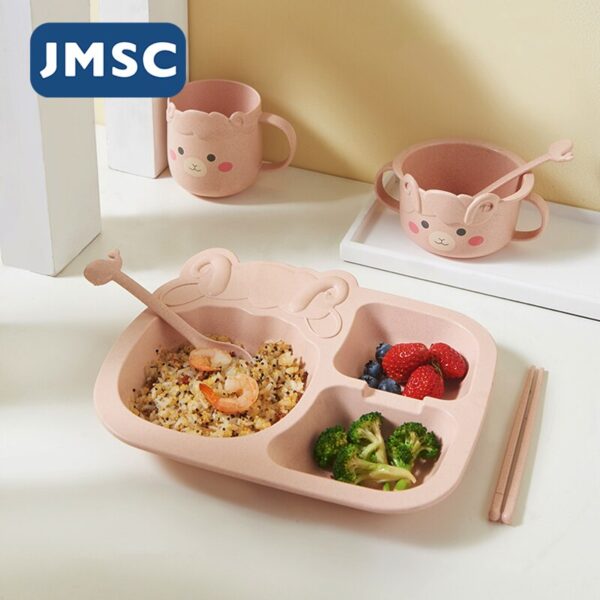 JMSC Baby Dinosaur Tableware Set 6Pcs Kids Dinner Bamboo Training Bowl Cup Spoon Plate Fork Drop-Resistant Feeding Dishes Gadget