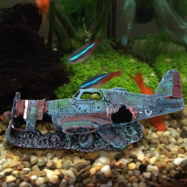 Fish Aquarium Decoration Artificial Damaged Plane Aquarium Fish Tank Ornament Landscape Decor Aquatic Pets Supplies (Red M)
