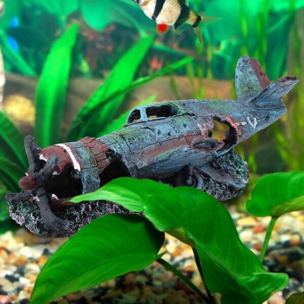 Fish Aquarium Decoration Artificial Damaged Plane Aquarium Fish Tank Ornament Landscape Decor Aquatic Pets Supplies (Red M)