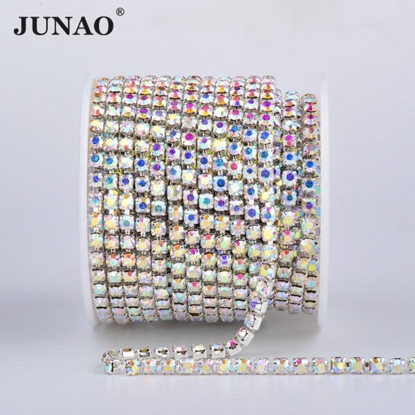 JUNAO SS6 8 10 12 16 18 Clear AB Glass Rhinestones Chain Crystal Ribbon Silver Metal Trim Strass Banding for Clothes Crafts
