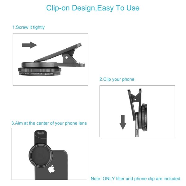 Neewer 37mm Clip-on ND 2-400 Cellphone Camera Lens Filter Kit: Adjustable Neutral Density Filter with Phone Clip for Smartphone