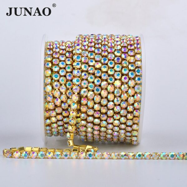 JUNAO SS6 8 10 12 16 18 Clear AB Glass Rhinestones Chain Crystal Ribbon Silver Metal Trim Strass Banding for Clothes Crafts