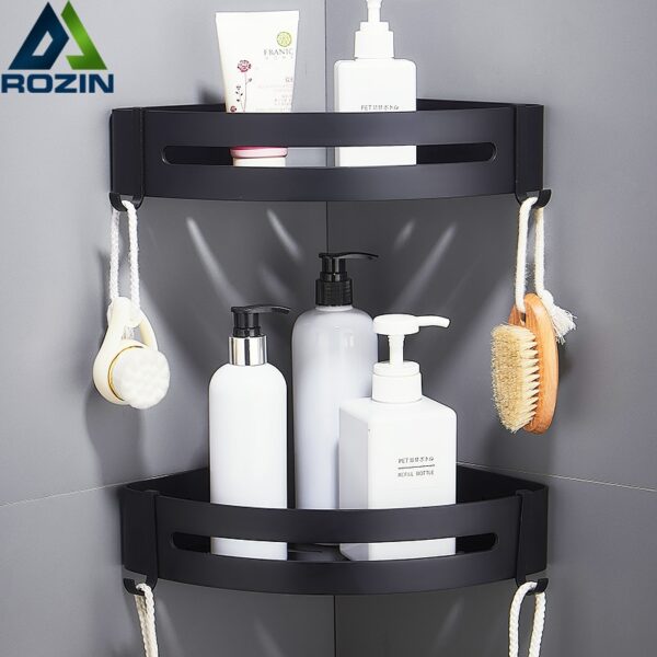 Nail Free Aluminum Black Bathroom Kitchen Shelf Cosmetic Rack In Wall Bath Corner Basket With Hook Bathroom Storage Shelf