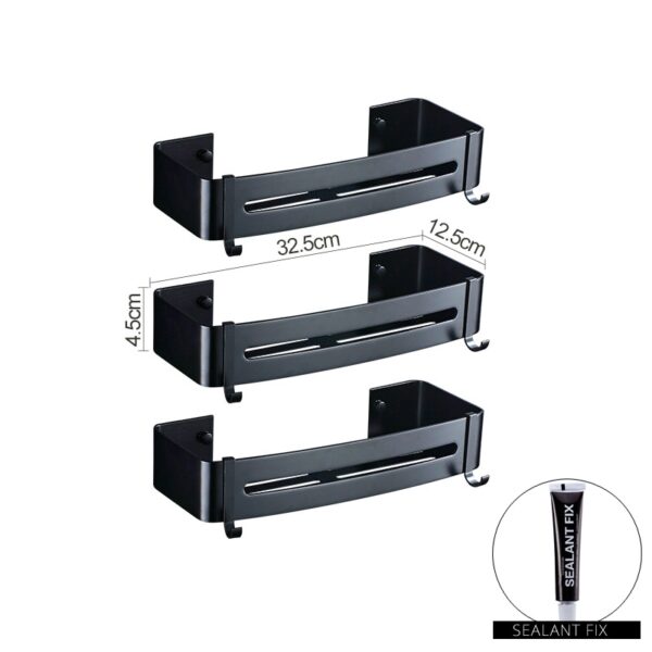 Nail Free Aluminum Black Bathroom Kitchen Shelf Cosmetic Rack In Wall Bath Corner Basket With Hook Bathroom Storage Shelf