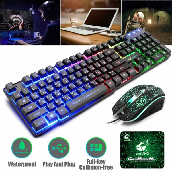 104 keys Gaming English Russian Keyboard Mechanical Feel Rainbow LED Backlight USB Keyboard And Mouse Set Ergonomic for PC