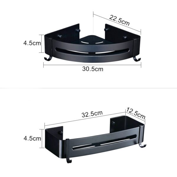 Nail Free Aluminum Black Bathroom Kitchen Shelf Cosmetic Rack In Wall Bath Corner Basket With Hook Bathroom Storage Shelf