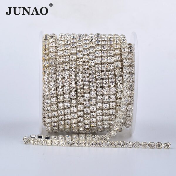 JUNAO SS6 8 10 12 16 18 Clear AB Glass Rhinestones Chain Crystal Ribbon Silver Metal Trim Strass Banding for Clothes Crafts