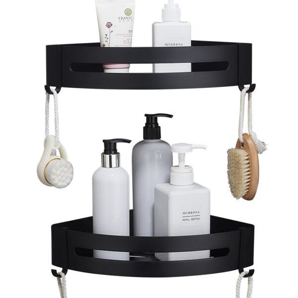 Nail Free Aluminum Black Bathroom Kitchen Shelf Cosmetic Rack In Wall Bath Corner Basket With Hook Bathroom Storage Shelf