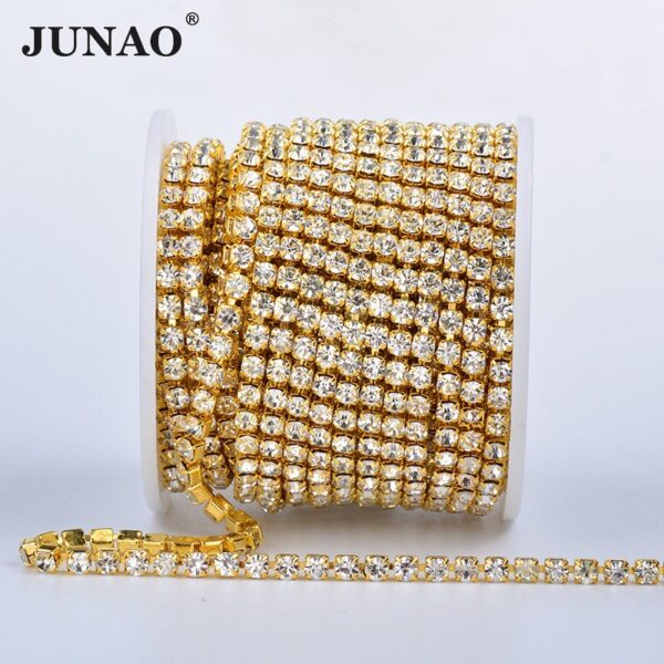 JUNAO SS6 8 10 12 16 18 Clear AB Glass Rhinestones Chain Crystal Ribbon Silver Metal Trim Strass Banding for Clothes Crafts
