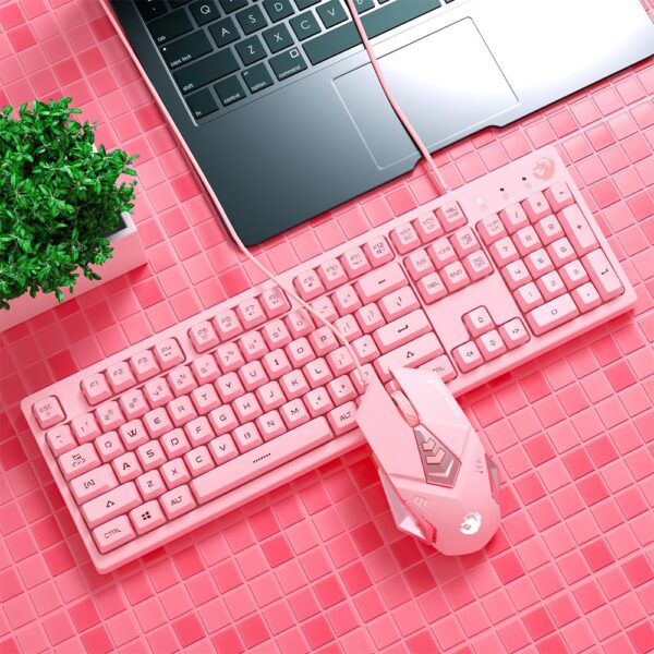 Mouse Keyboard Kit Mechanical Gaming Keyboard Wired Mouse Headphone with Microphone Breathing Light for PC Computer Laptop Pink
