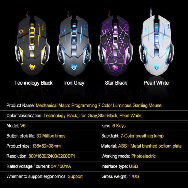 Wired Gaming Mouse USB Optical Gamer Mouse Ergonomic Mice 6 Buttons 3200DPI Computer Programmable Mouse For PC Laptop Desktop