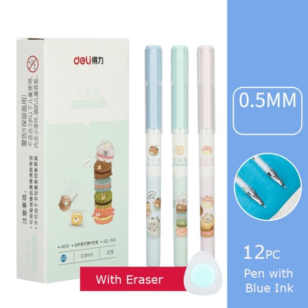 12pcs Deli Erasable Gel Pen Cartoons Sign Pens 0.5MM Black Blue Ink with Eraser Creative Writing Tools for Student School Office