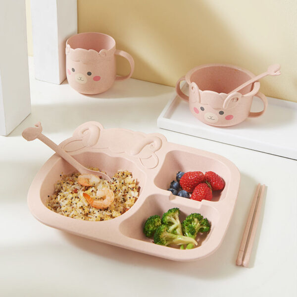 JMSC Baby Dinosaur Tableware Set 6Pcs Kids Dinner Bamboo Training Bowl Cup Spoon Plate Fork Drop-Resistant Feeding Dishes Gadget