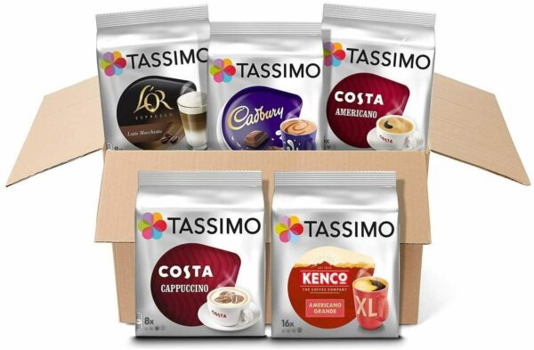 TASSIMO VARIETY BOX Pack T-Discs Pods Coffee Latte Cappuccino Americano Cadbury