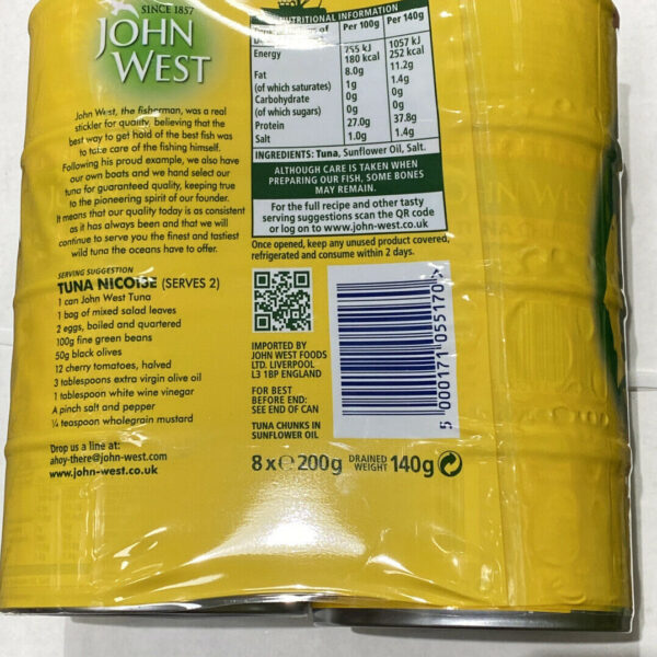 John West Tuna in Sunflower Oil Tins Foods Quality Fish – Pack of 8 Cans x 200g